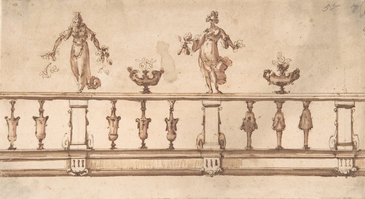 Design for en balustrade med kvinnefigurer og urner, 1500-1600-tallet. av Giulio Parigi