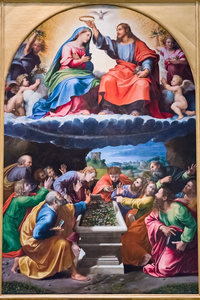 Kroning av jomfruen, "Madonna av Monteluce" 1505-25 (olje på tre) av Giulio & Penni Giovanni Francesco (il Fattore) (c.1488 1528) Romano