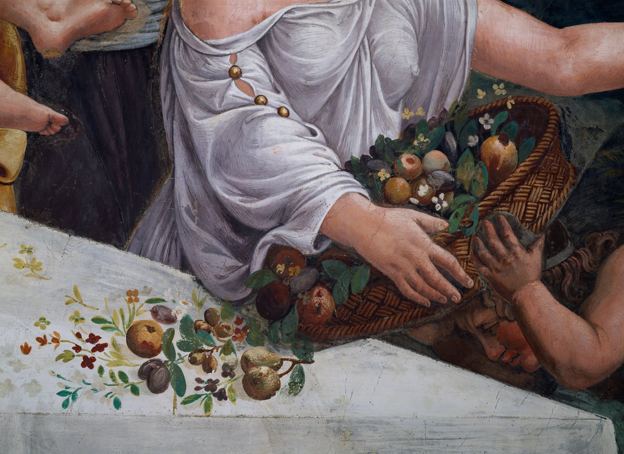 En kurv med frukt og blomster, detalj av den rustikke banketten som feirer ekteskapet til Cupid og Psyche fra Sala di Amore e Psiche, 1528 freskodetalj av 78427 av Giulio Romano