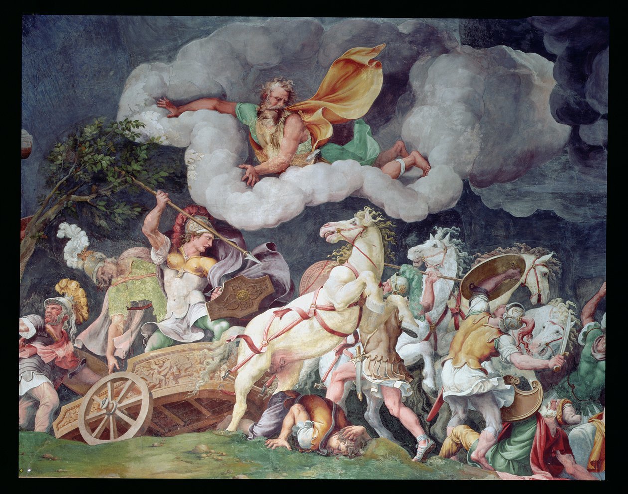 Akilles drar liket av Hector rundt på vognen sin, detalj fra taket på Sala di Troia, ca. 1538 av Giulio Romano