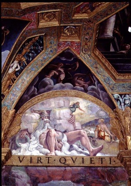 Antropomorf figur av en elv som en gammel mann med et flytende hvitt skjegg, i bakgrunnen engasjerte Psyche seg i sin prøvelse satt av Venus med å stjele ull fra en saues fleece, lunette og spandrel fra Sala di Amore e Psiche av Giulio Romano