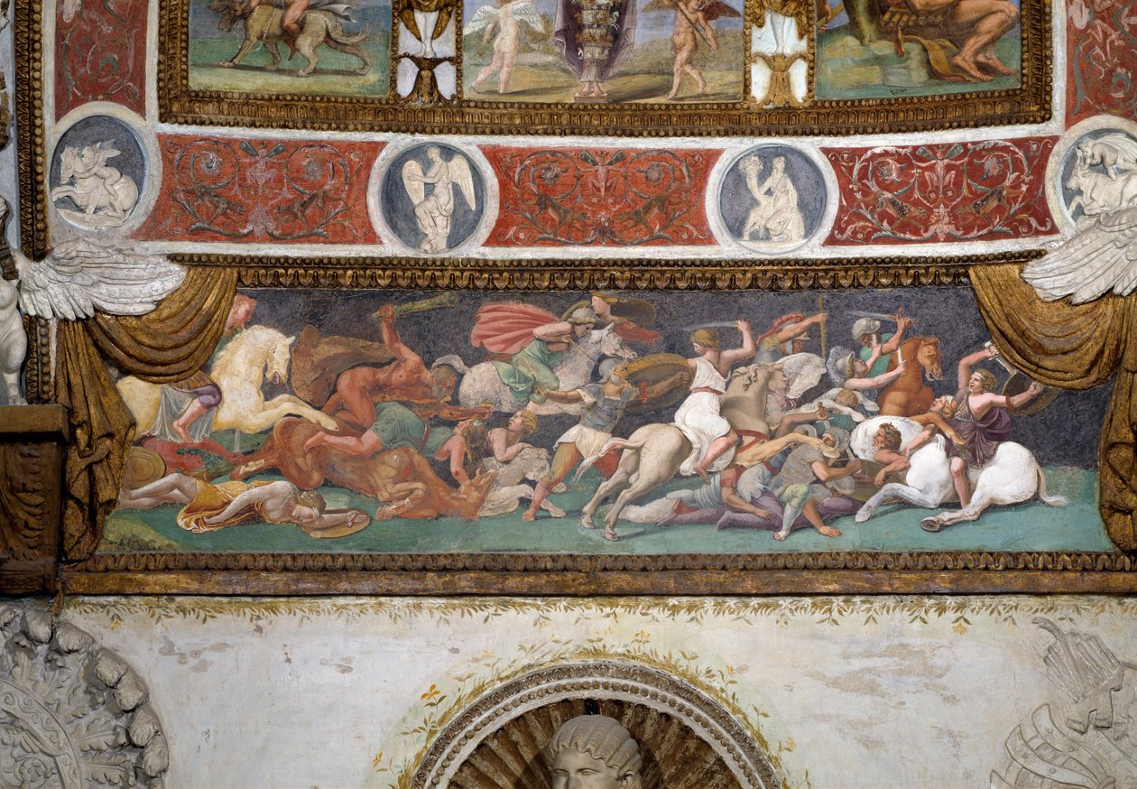 Camera delle Aquile, detalj av frisen som skildrer kampen mellom grekerne og amasonene, freske fra 1528 av Giulio Romano