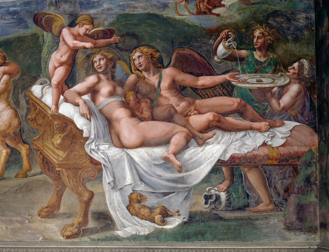 Amor og psyke med datteren Voluptas (glede) liggende på sengen, detalj fra bryllupsfest eller gudenes bankett, freskomaleri av Giulio Romano (1499-1546), Palazzo Te, Mantua (UNESCOs verdensarvliste, 2008), Lombardia, Italia av Giulio Romano