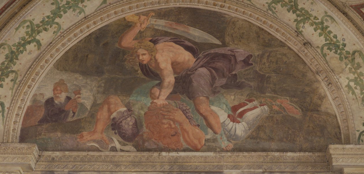 David dreper Goliat Davids Loge av Giulio Romano