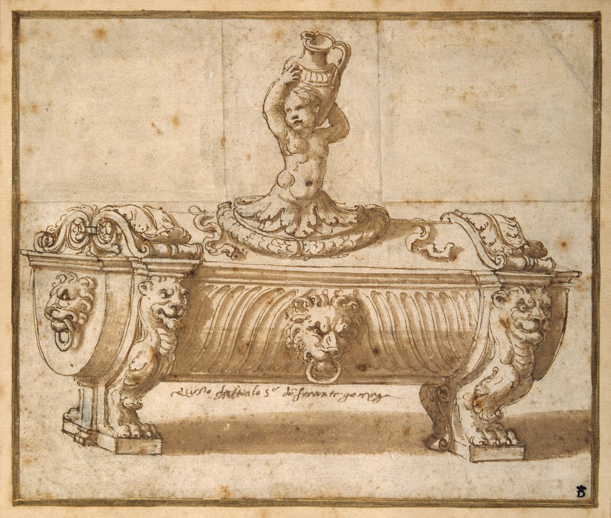 Design for en søtkjøttboks (penn og brunt blekk med vask på papir) av Giulio Romano