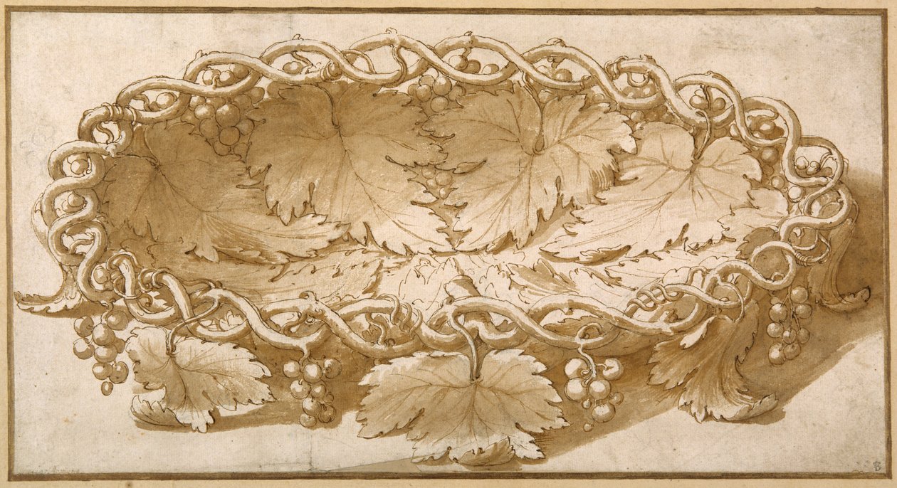 Design for en oval fruktskål, med vinranker, blader og druer (penn og brunt blekk med brun vask på papir) av Giulio Romano