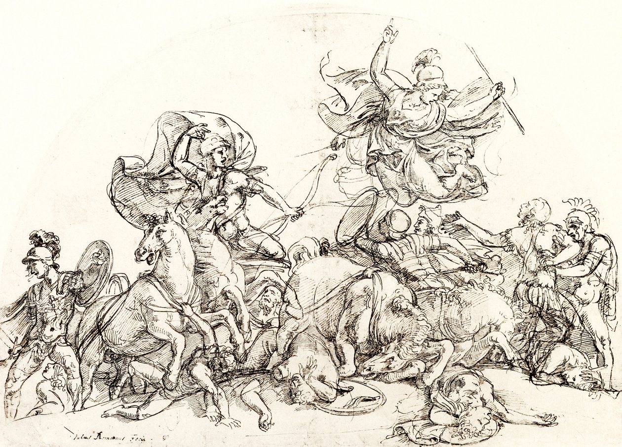 Diomedes, såret av Pandarus, blir trøstet av Pallas Athene av Giulio Romano