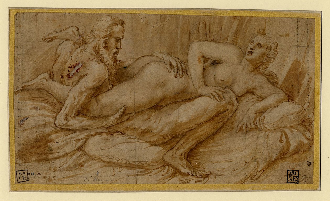 Erotisk scene av Romano, Giulio (1499-1546), etter 1524 - Penn, pensel, brunt indisk blekk, hvit farge, svart kritt på papir av Giulio Romano