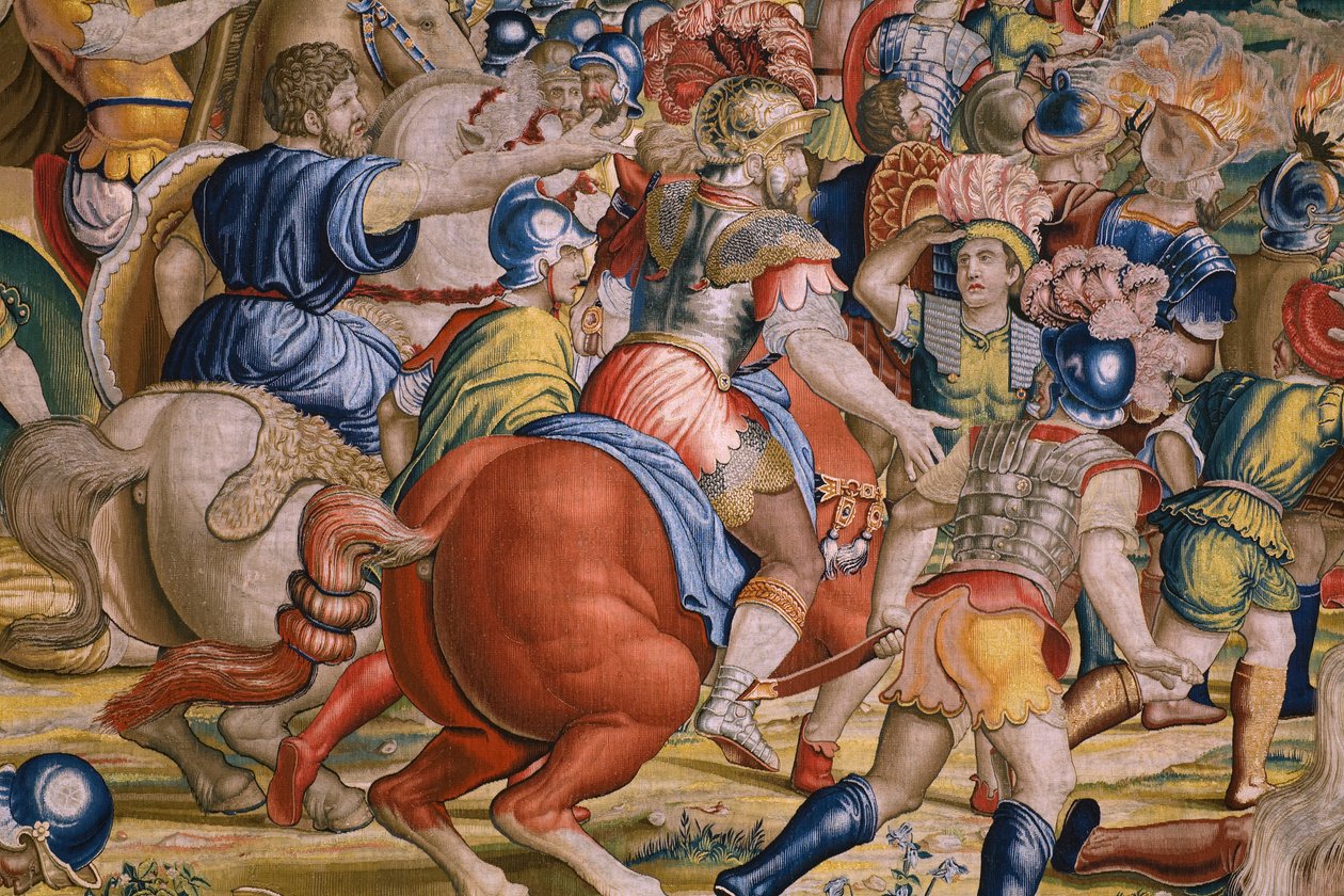 flamsk billedvev. Serien The Acts of Scipio: Slaget ved Zama. Tegneserieskaper Giulio Romano. Atelier av Balthasar van Vlierden (?), Brussel. 1523-1532. Detalj. av Giulio Romano