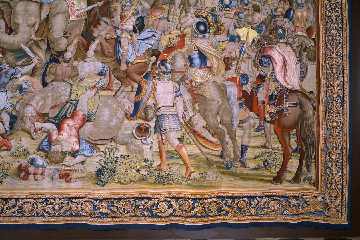 flamsk billedvev. Serien The Acts of Scipio: Slaget ved Zama. Tegneserieskaper Giulio Romano. Atelier av Balthasar van Vlierden (?), Brussel. 1523-1532. Detalj. av Giulio Romano
