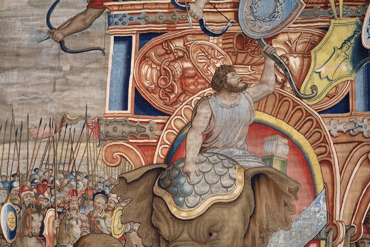 flamsk billedvev. Serien The Acts of Scipio. Slaget ved Zama. Tegneserieskaper Giulio Romano. Atelier av Balthasar van Vlierden (?), Brussel. 1523-1532. Detalj. av Giulio Romano