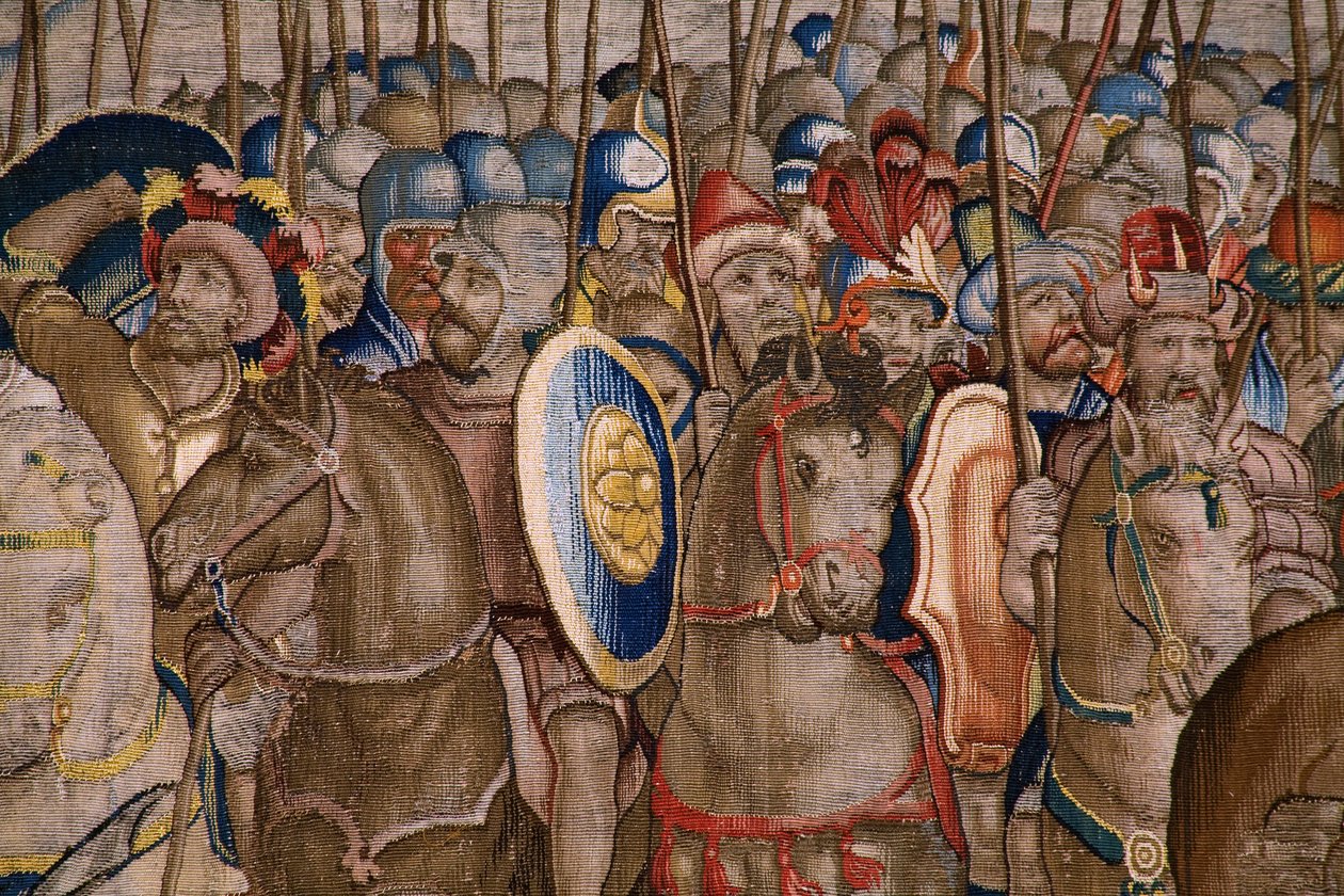 flamsk billedvev. Serien The Acts of Scipio: Slaget ved Zama. Tegneserieskaper Giulio Romano. Atelier av Balthasar van Vlierden (?), Brussel. 1523-1532. Detalj. av Giulio Romano