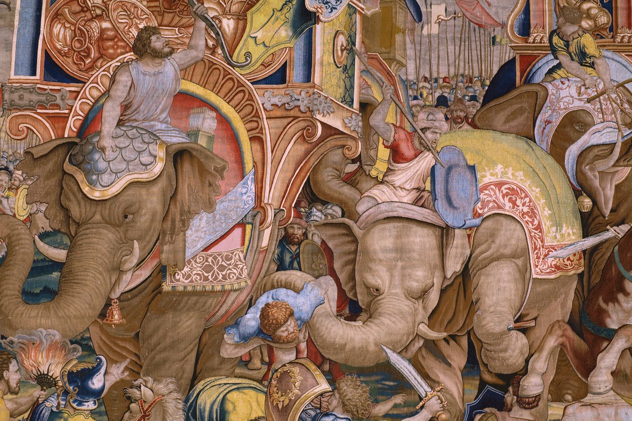 flamsk billedvev. Serien The Acts of Scipio: Slaget ved Zama. Tegneserieskaper Giulio Romano. Atelier av Balthasar van Vlierden (?), Brussel. 1523-1532. Detalj. av Giulio Romano