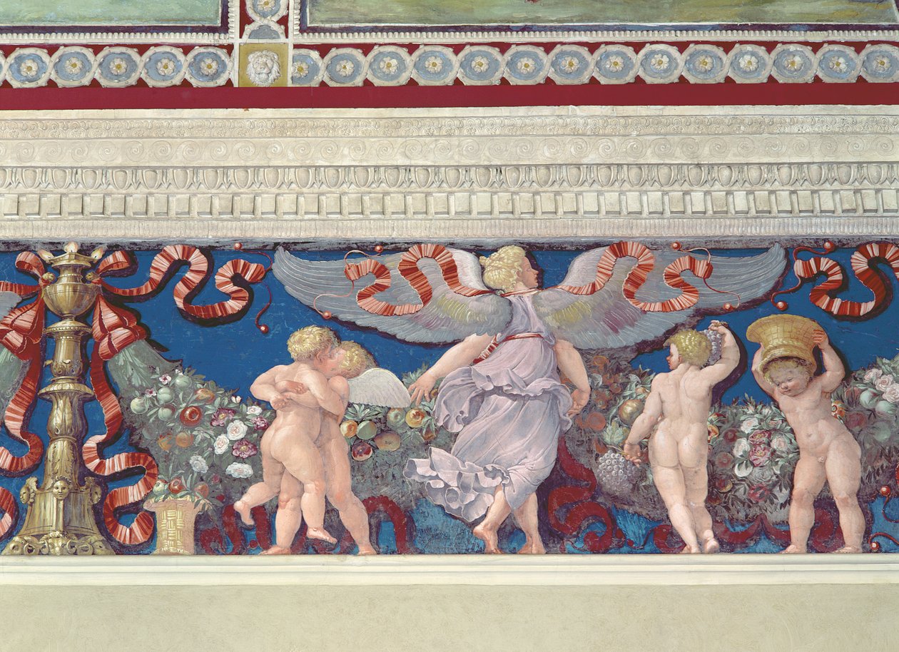 Frise fra Camera con Fregio di Amorini Chamber of the Cupid Frise detalj av bryting av amoriner, freskomaleri fra 1520-tallet av Giulio Romano
