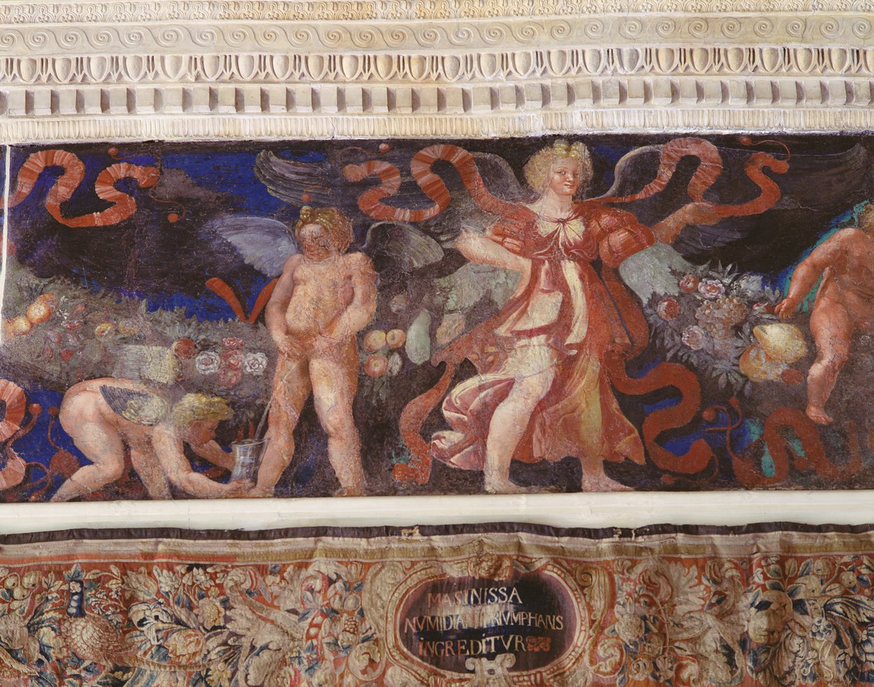 Frise fra Camera con Fregio di Amorini Chamber of the Cupid Frise detalj av en amor som urinerer i en kanne, freske fra 1520-tallet av Giulio Romano