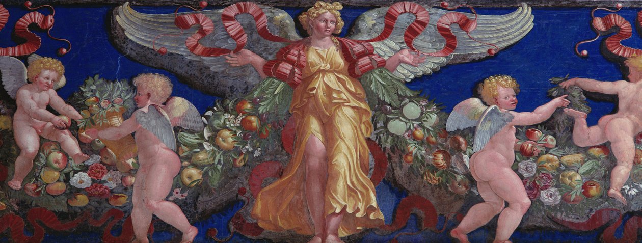 Frise fra Camera con Fregio di Amorini Chamber of the Cupid Frisedetalj av en engel i en gullkjole med spredte vinger, freske fra 1520-tallet av Giulio Romano