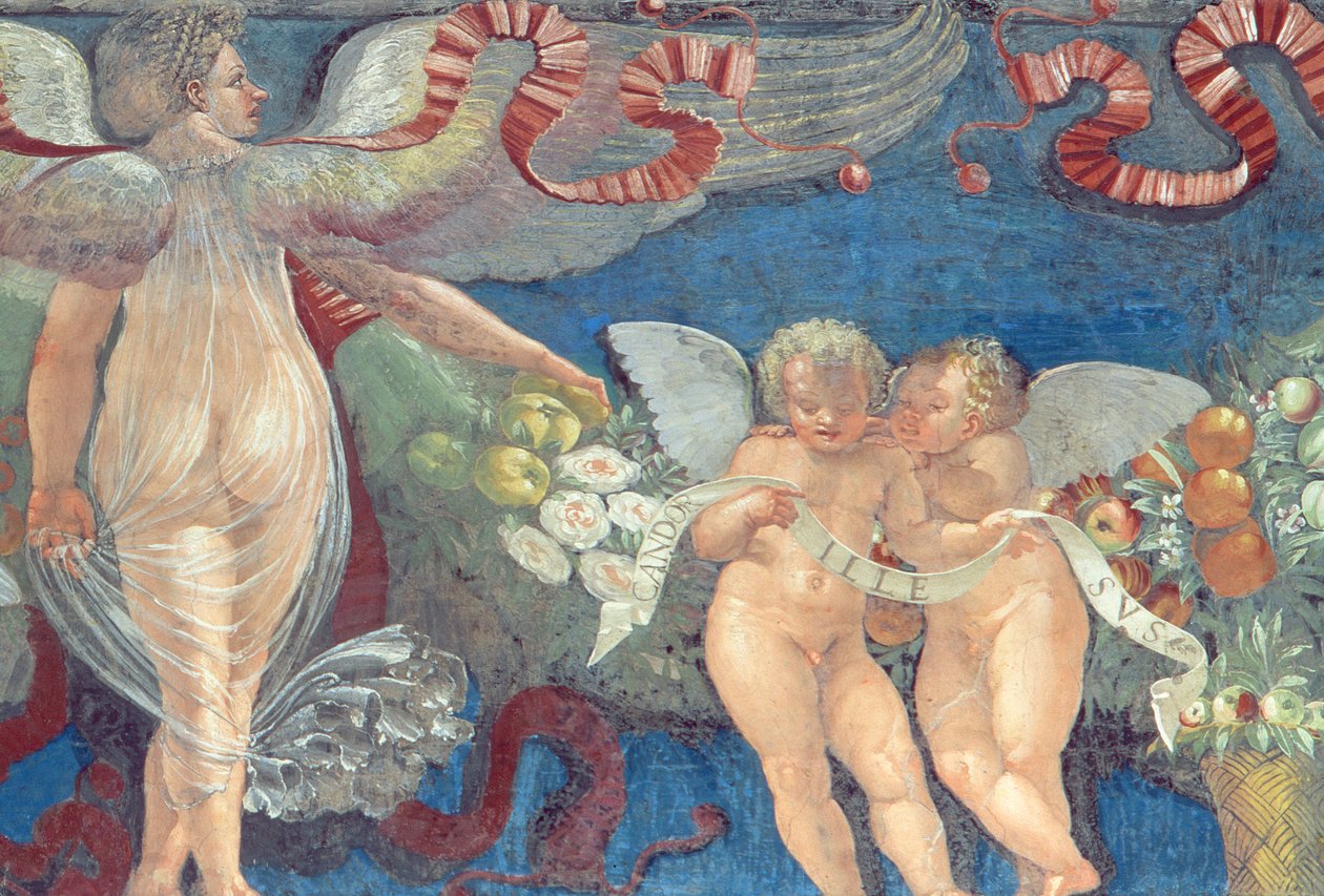 Frise fra Camera con Fregio di Amorini Chamber of the Cupid Frise detalj av to putti og en engel, freskodetalj fra 1520-tallet av 106218 av Giulio Romano