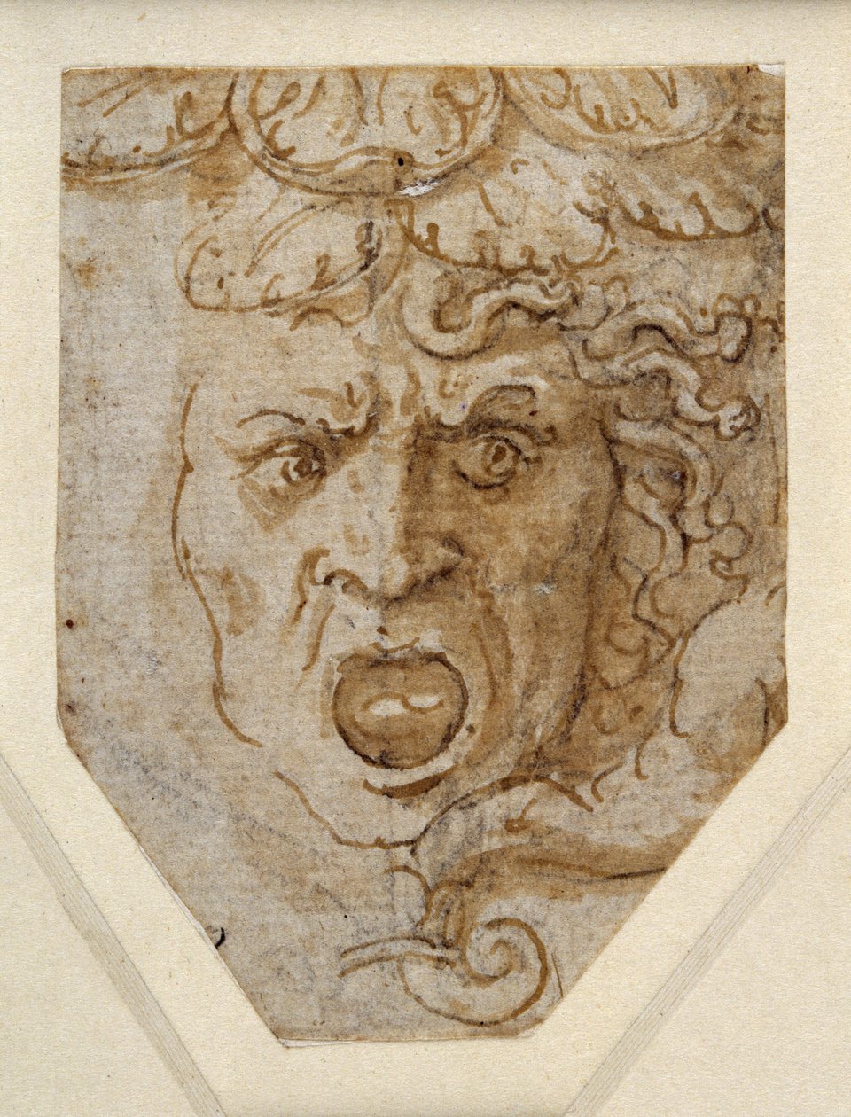 Head of Medusa (penn og brunt blekk over preliminære i svart kritt med innslag av hvit forhøyning på hvitt papir) av Giulio Romano