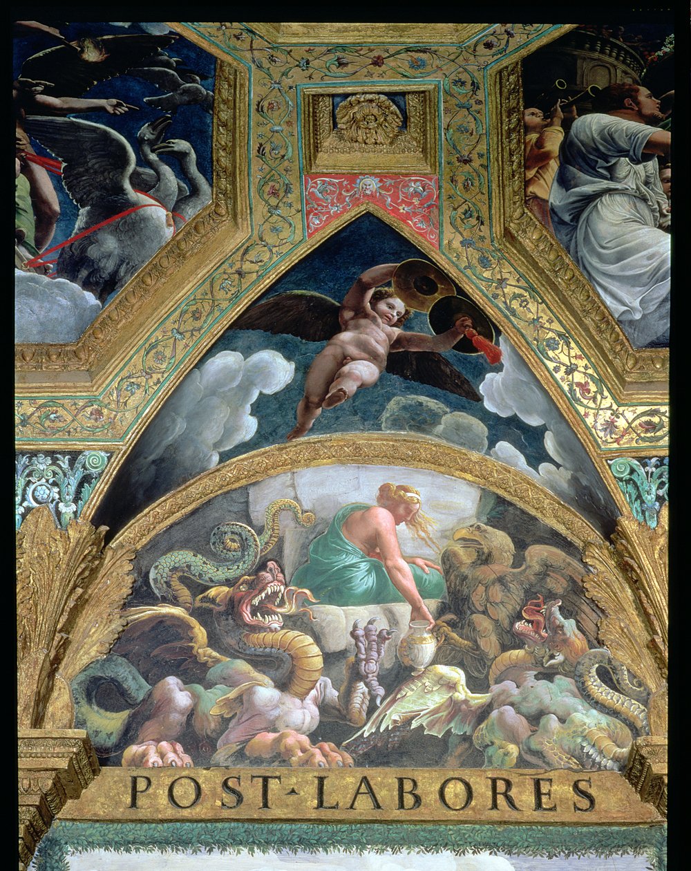 Lunette som skildrer Psyche som gjennomfører en prøvelse satt av Venus med å hente fra underverdenen en krukke som inneholder skjønnheten til Proserpine, fra Sala di Amore e Psiche, 1528 freskodetalj av 78427 av Giulio Romano