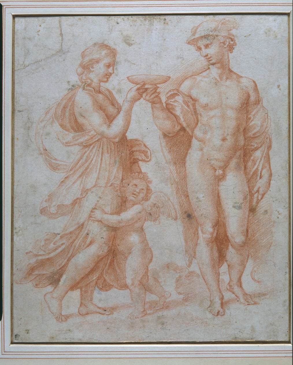 Mercury tilbyr Cup of Immortality til Psyche (rødt kritt på hvitt papir) av Giulio Romano