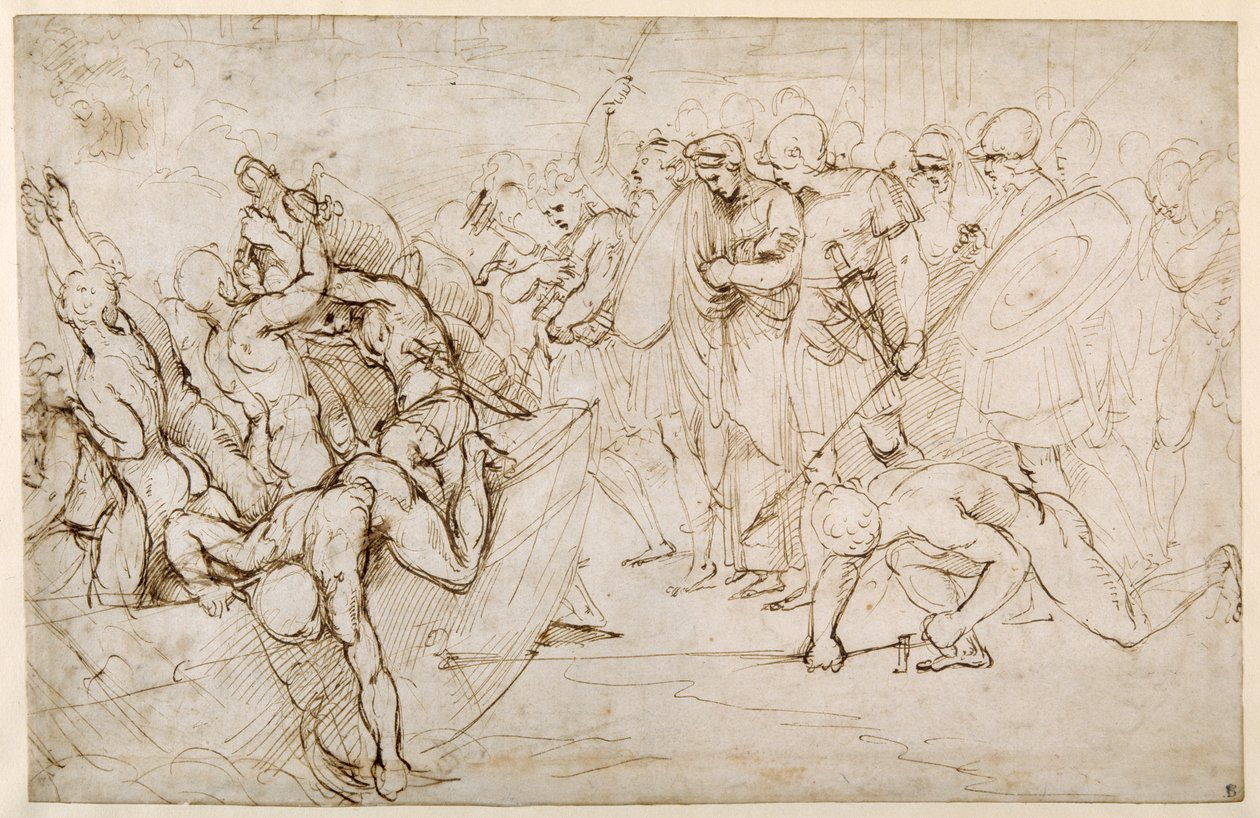 Neoptolemus tar Andromache i fangenskap etter Trojas fall (penn og brunt blekk på hvitt papir) av Giulio Romano