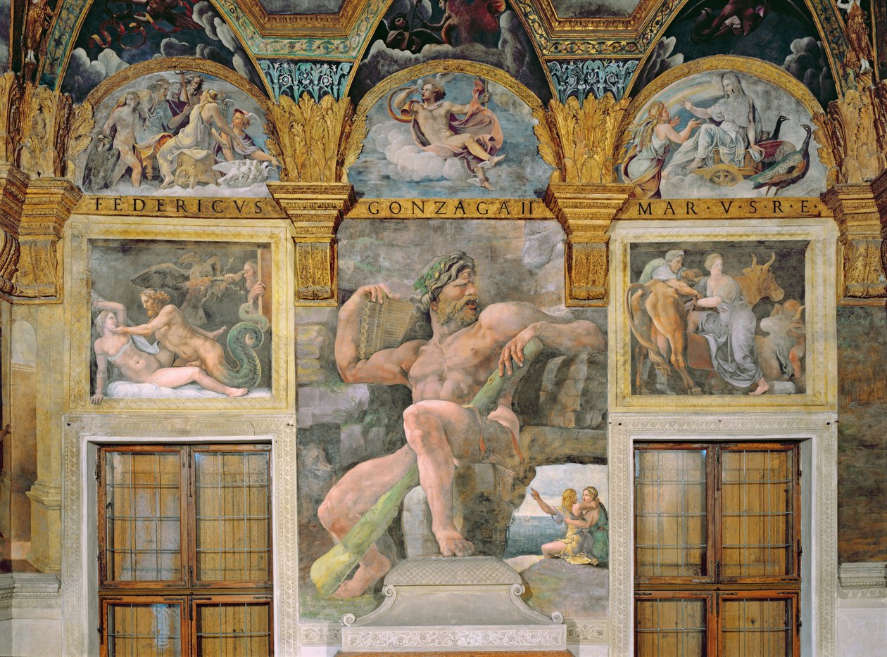 Olympia forført av Jupiter, Polyphemus som vokter Acis og Galatea, Pasiphae kommer inn i kua konstruert av Daedalus, fra Sala di Amore e Psiche av Giulio Romano
