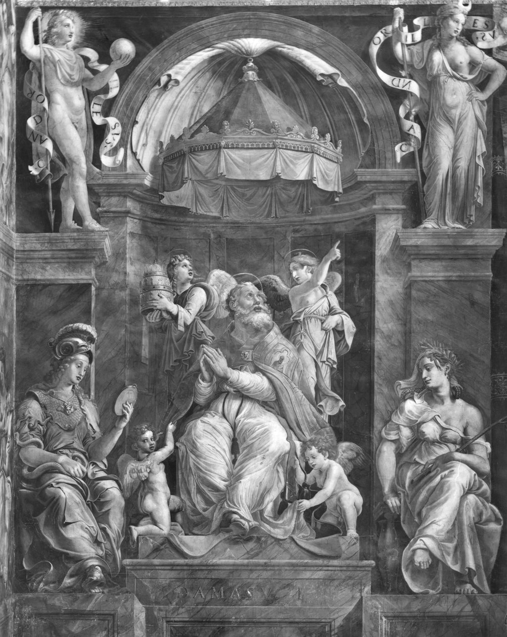 Pave Damasus I (ca. 304-384) mellom Prudence and Peace, Raphael Rooms (se også 252796 og 252797) av Giulio Romano