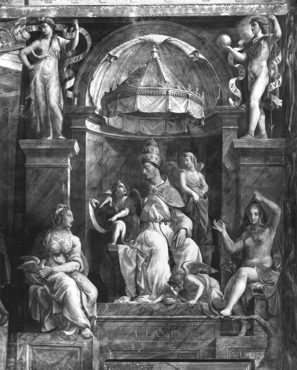 Pave Leo I den store (ca. 390-461) mellom to dyder, Raphael Rooms (se også 252780 og 252781) av Giulio Romano