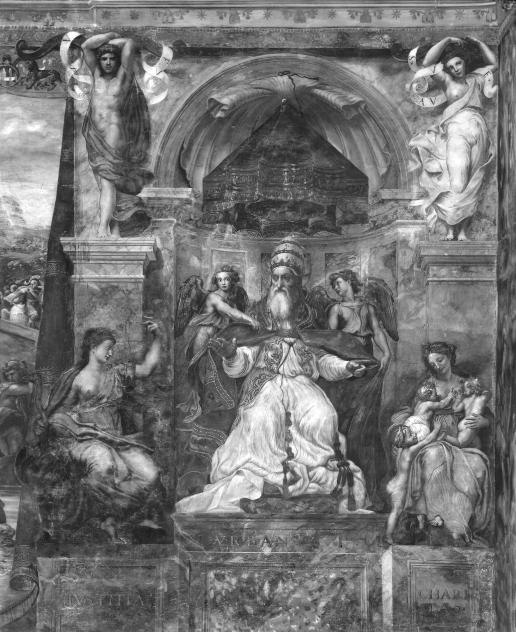 Pave Urban I (d.230) mellom rettferdighet og veldedighet, Raphael Rooms (se også 252783, 252784, 252785) av Giulio Romano