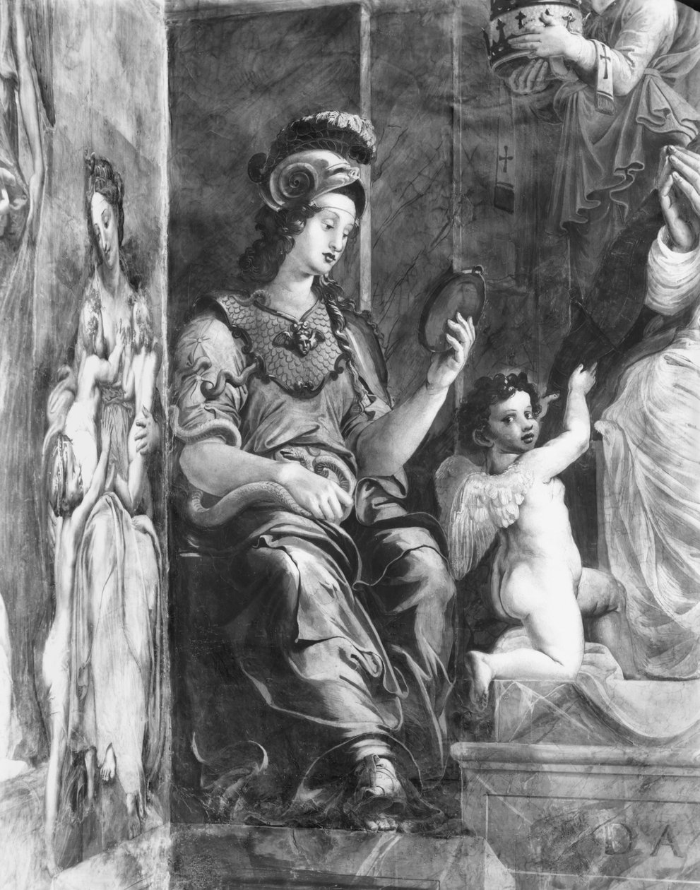 Prudence sitter ved siden av pave Damasus I (ca. 304-384) Raphael Rooms (detalj) (se også 252795 og 252797) av Giulio Romano