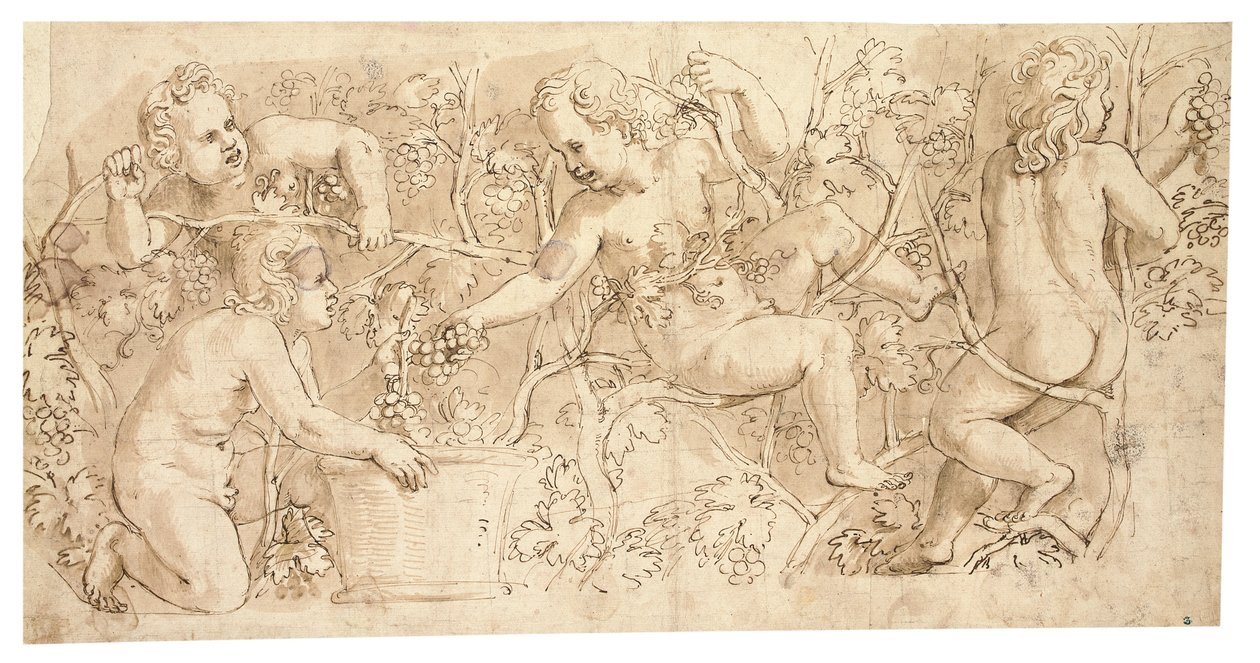 Putti plukker druer: Design for en frise av Giulio Romano
