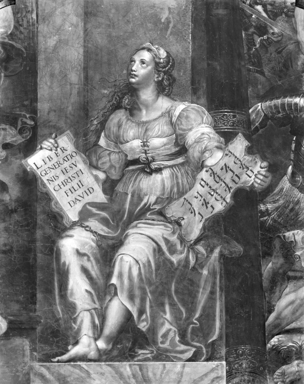 Religion, en av to allegoriske skikkelser rundt pave Sylvester I (314-35) Raphael Rooms (detalj) (se også 252792 og 252793) av Giulio Romano