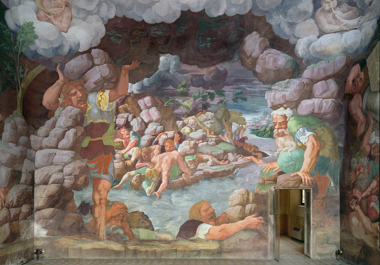 Sala dei Giganti, detalj om ødeleggelsen av kjempene av Jupiters tordenbolter, 1536 freskomaleri av 78482 av Giulio Romano