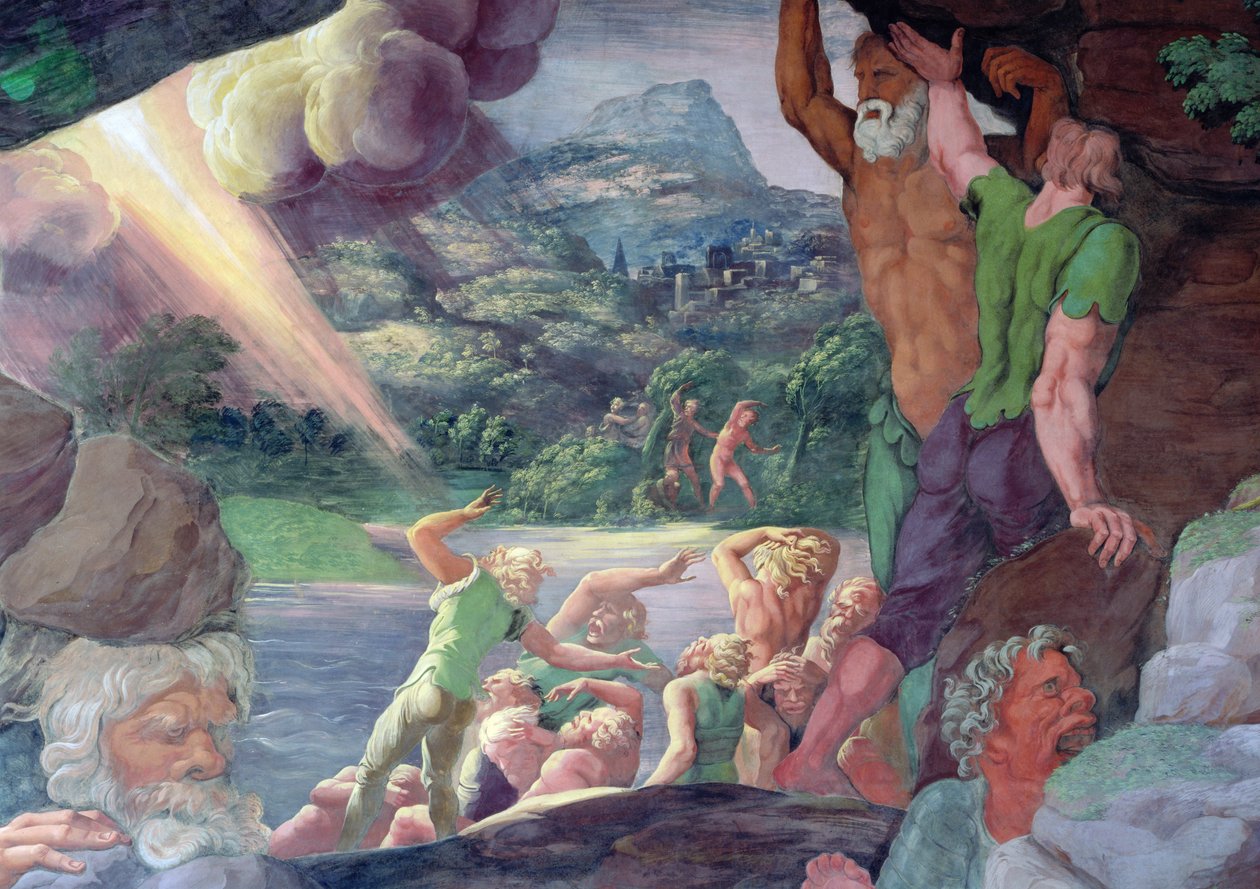 Sala dei Giganti, detalj om ødeleggelsen av kjempene av Jupiters tordenbolter, 1536 freskomaleri av 78482 av Giulio Romano