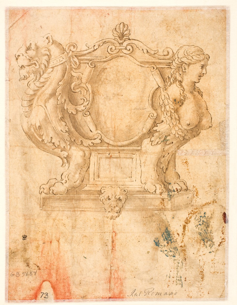 Skulptierter Sarg oder Sarg mit leerem Wappenschild av Giulio Romano