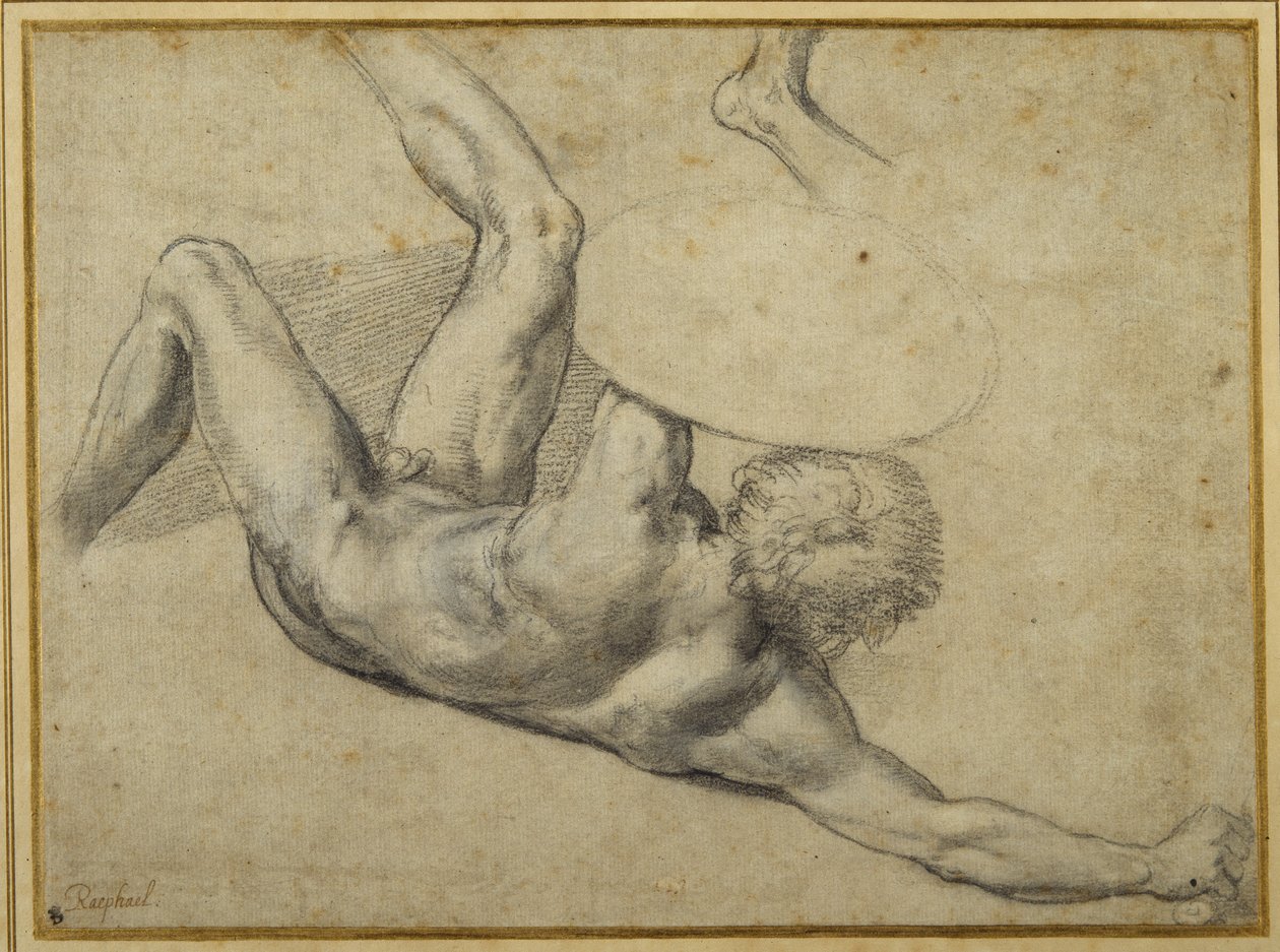 Studie for kriger falt i 'Slaget ved Konstantin', Sala di Costantino (svart kritt på hvitt papir) av Giulio Romano