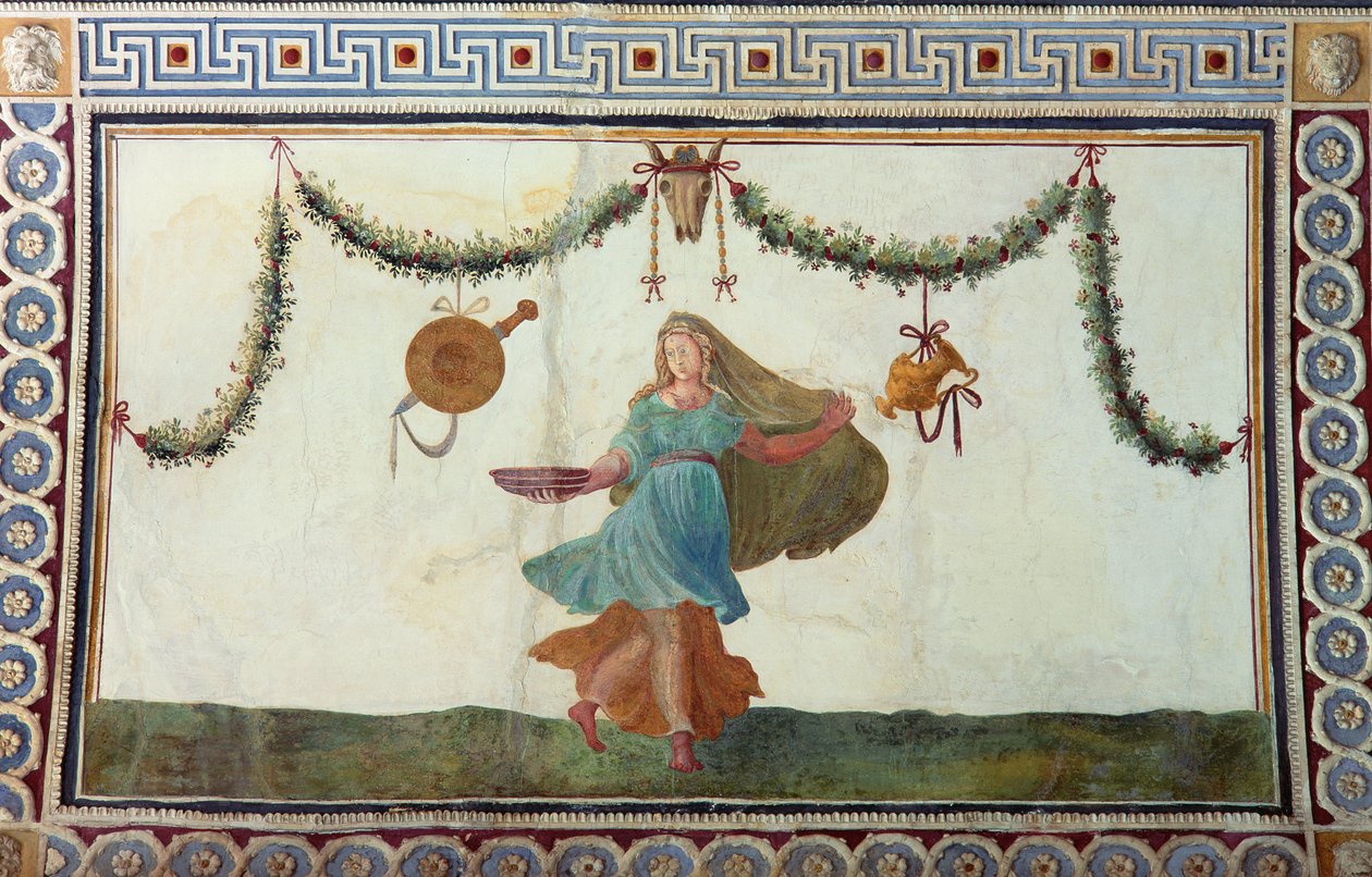 Camera con Fregio di Amorini Chamber of the Cupid Frieze detalj av taket som viser en kvinne som holder en bolle, freskomaleri fra 1520-tallet av Giulio Romano