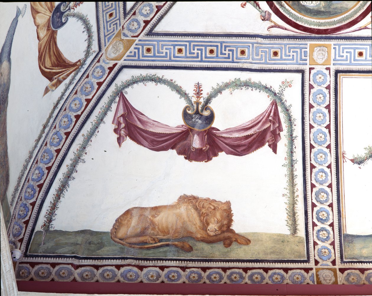 Camera con fregio di Amorini Chamber of the Cupid Frieze detalj av en sovende løve, freske fra 1520-tallet av Giulio Romano