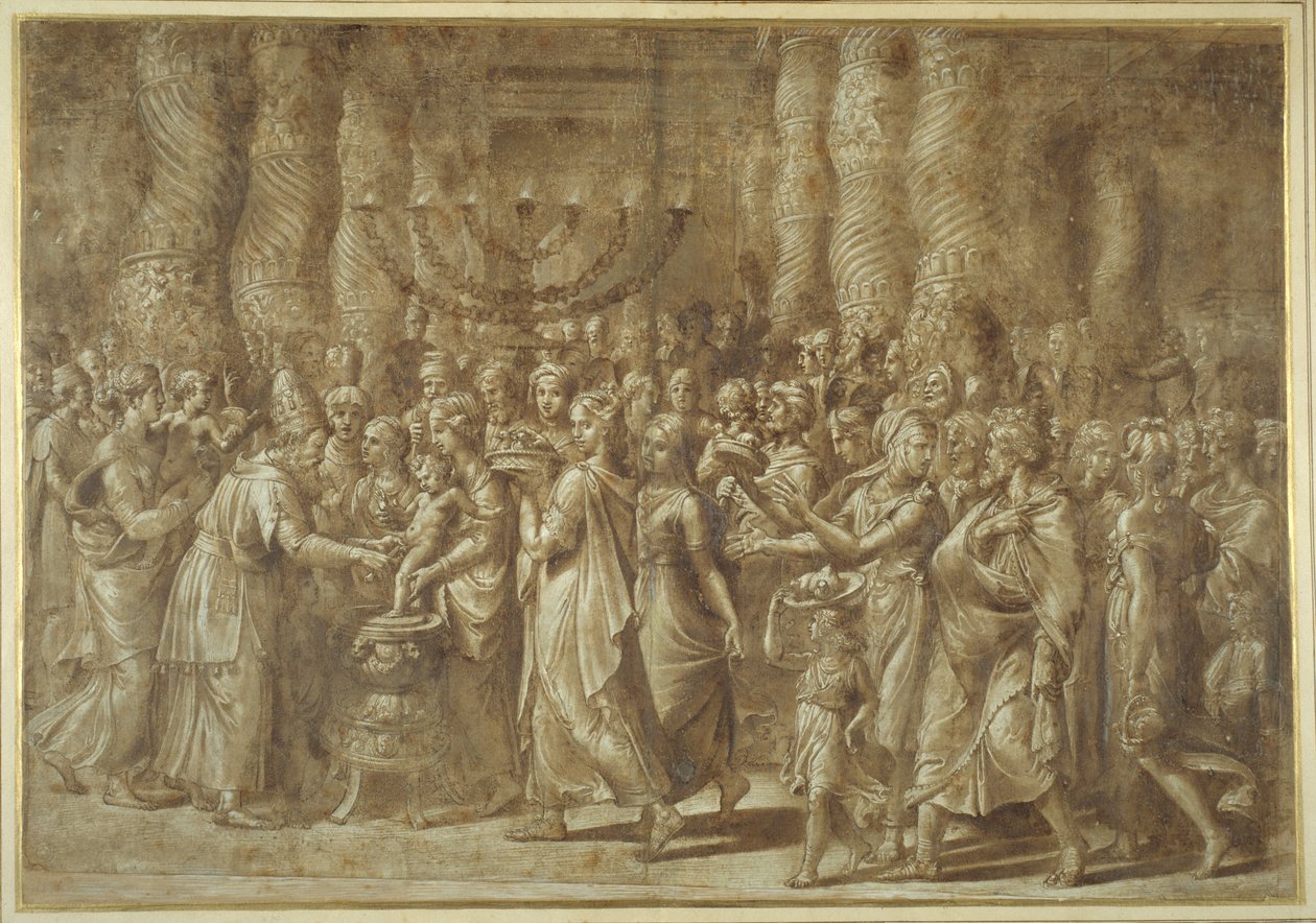 The Circumcision (penn og brunt blekk med brun vask og forhøyning) av Giulio Romano