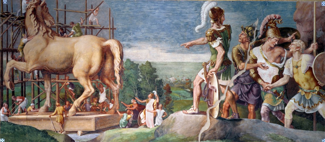 Konstruksjonen av trehesten i Troy av Giulio Romano
