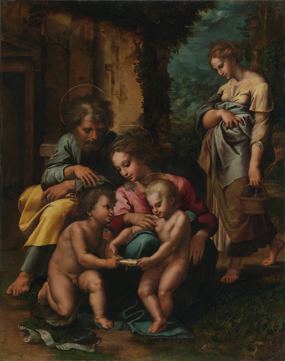 Den hellige familie, ca. 1520-23 (olje på panel) av Giulio Romano