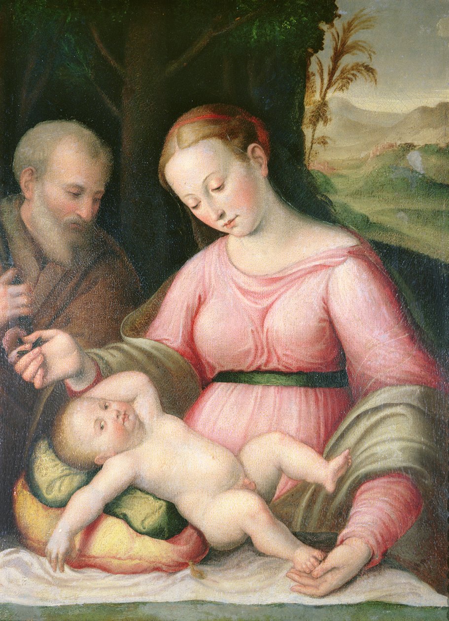 Den hellige familie i et fjellandskap av Giulio Romano