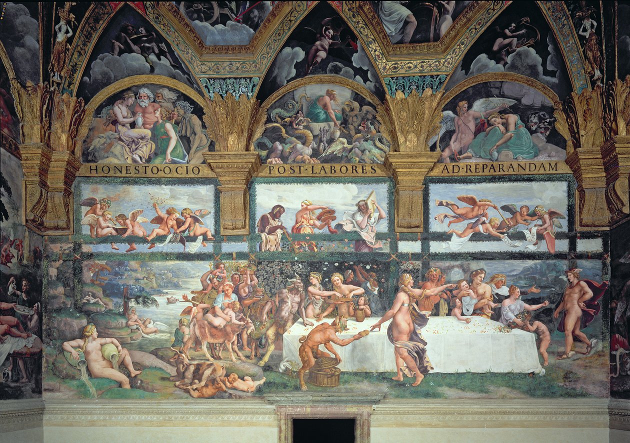 Den rustikke banketten feirer ekteskapet til Amor og Psyche, med de tre lunettene ovenfor som viser en av Psyches prøvelser for å bringe tilbake fra underverdenen en krukke som inneholder skjønnheten til Proser av Giulio Romano