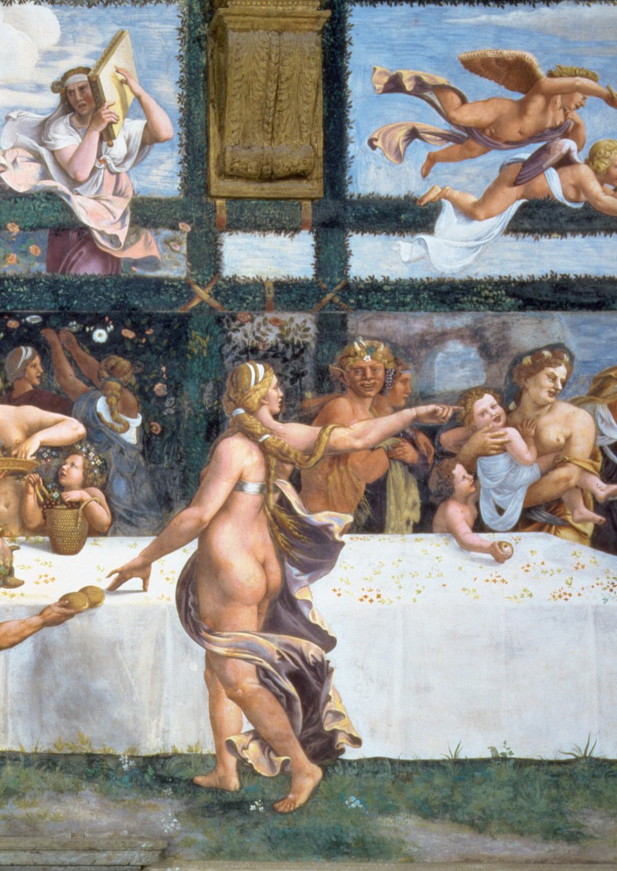Den rustikke banketten feirer ekteskapet til Amor og Psyche, med de tre lunettene ovenfor som viser en av Psyches prøvelser for å bringe tilbake fra underverdenen en krukke som inneholder skjønnheten til Proser av Giulio Romano