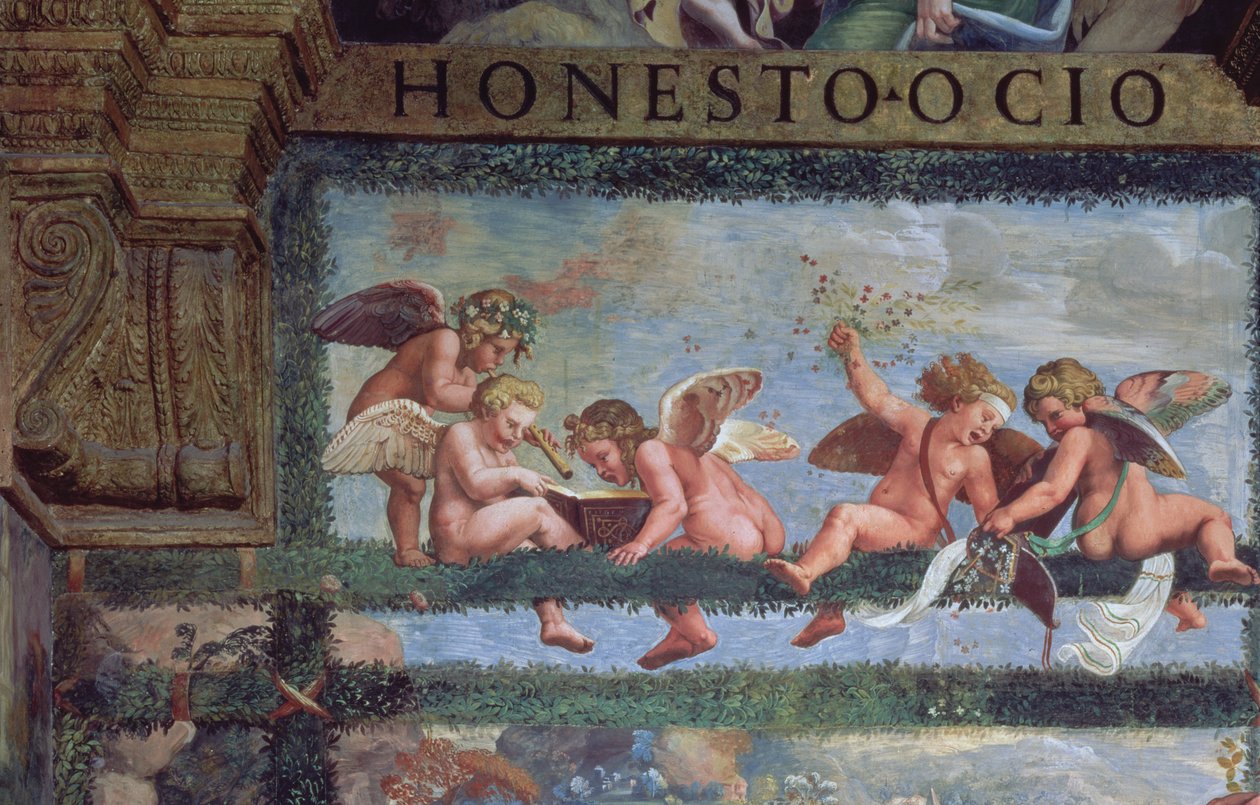 Den rustikke banketten, detalj av putti som lager musikk, fra Sala di Amore e Psiche, 1528 freskodetalj fra 78428 av Giulio Romano