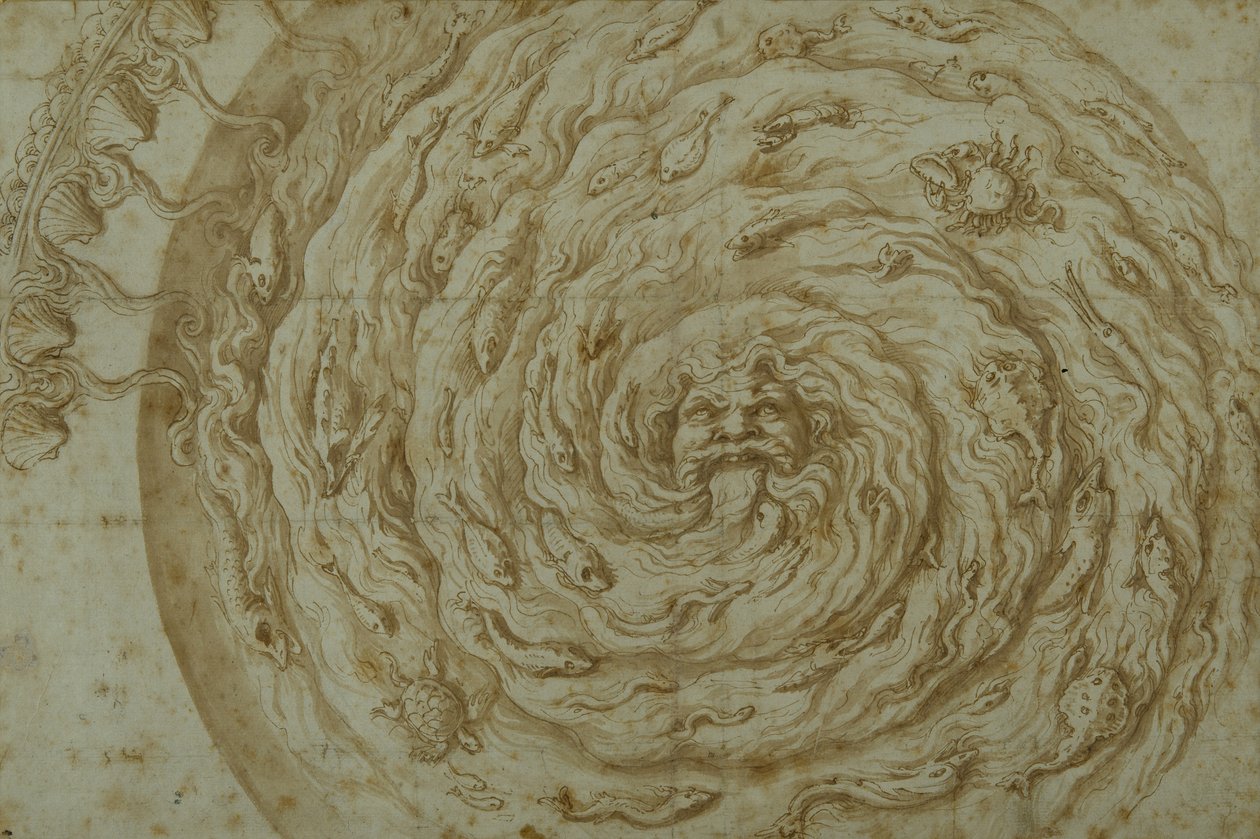 The Stream Oceanus (penn og brunt blekk med vask på papir) av Giulio Romano