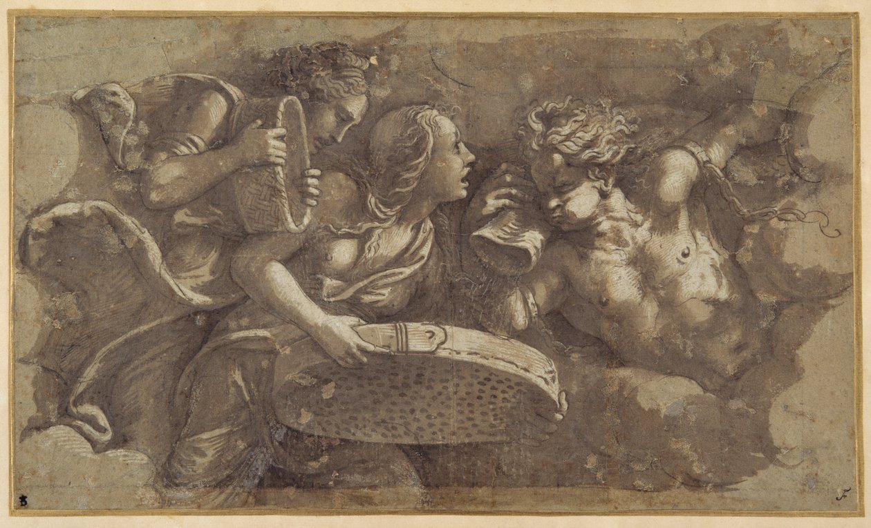 Vestal Tuccia med sil (penn og brunt blekk med brun vask på papir) av Giulio Romano