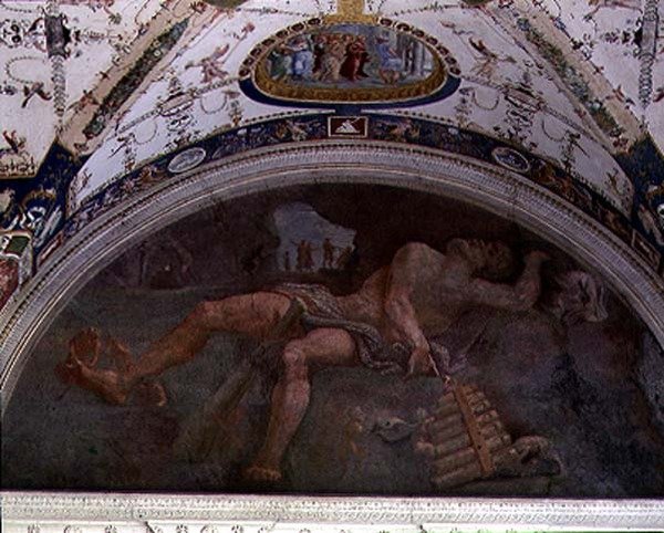 Loggiaen, detalj av lunette i hvelvet som viser Pan og satyrer av Giulio Romano