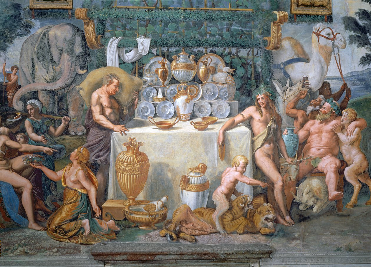 Den edle banketten som feirer ekteskapet til Amor og Psyche, detalj som viser Dionysius og Silenus til høyre for et bord med middagsserveringen, fra Sala di Amore e Psiche, 1528 av Giulio Romano