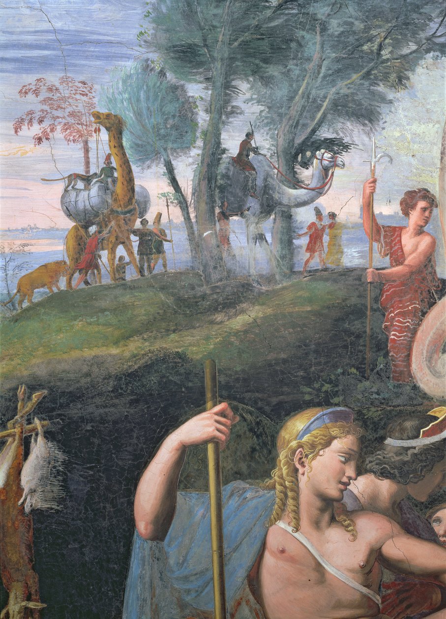 Den edle banketten som feirer ekteskapet til Amor og Psyche, detalj som viser hodet til Apollo med en prosesjon av eksotiske dyr i bakgrunnen, fra Sala di Amore e Psiche, 1528 av Giulio Romano